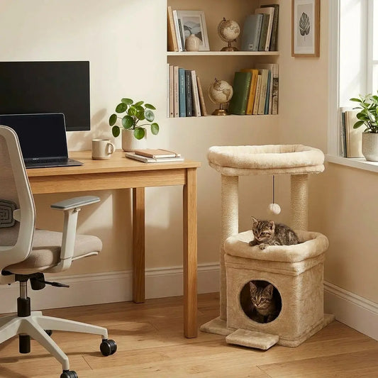arbre à chat simple beige avec niche et double couchage installé près d’un bureau