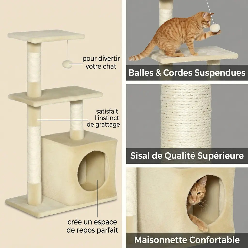 arbre à chat simple avec balles suspendues sisal de qualité supérieure et maisonnette confortable