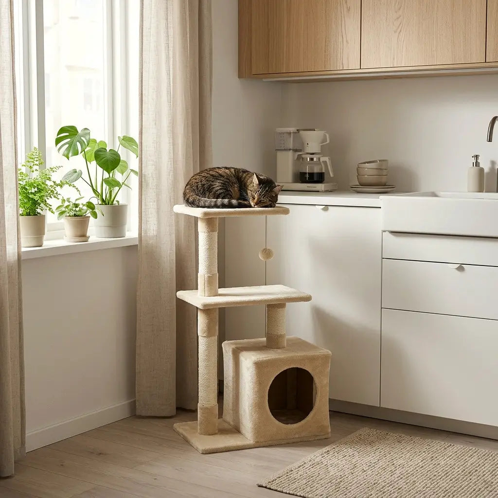 Arbre à chat beige simple installé dans une cuisine lumineuse avec plateforme d'observation et niche de repos