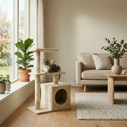 Arbre à chat simple beige dans un salon moderne avec chat assis sur la plateforme intermédiaire