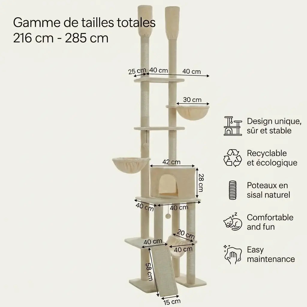 Arbre à chat du sol au plafond design forêt avec dimensions, niche, hamac, plateforme transparente et couchage suspendu
