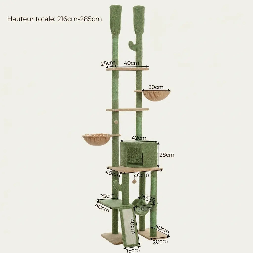 Dimensions de l’arbre à chat du sol au plafond style cactus avec niche, rampe griffoir, couchages suspendus et plateformes