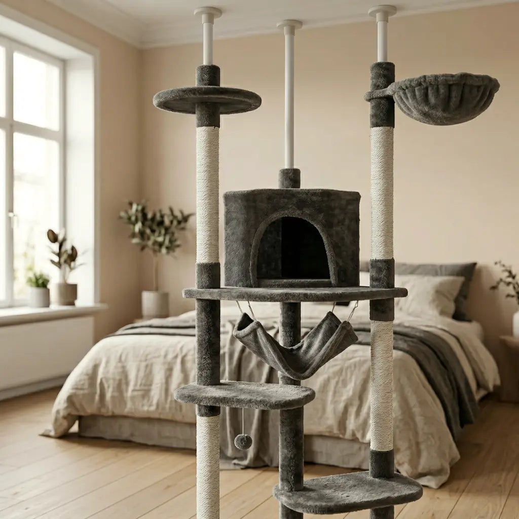 arbre à chat sol au plafond gris avec hamac et niche dans une chambre cosy