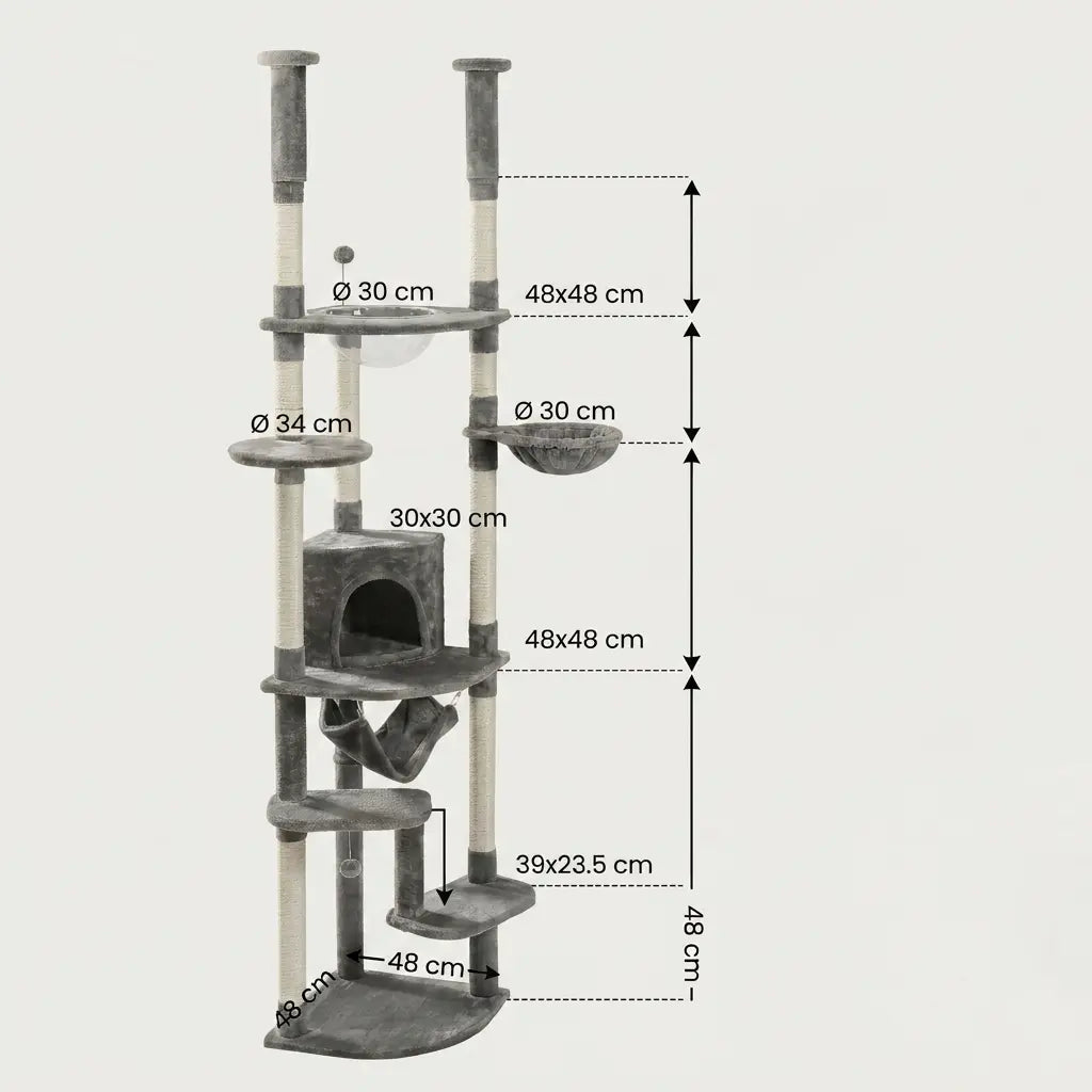 Dimensions techniques de l’arbre à chat du sol au plafond gris avec niche, hamac et plateformes d’escalade