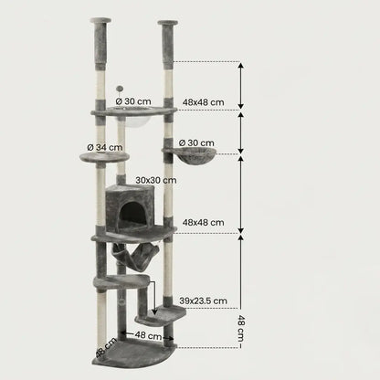 Dimensions techniques de l’arbre à chat du sol au plafond gris avec niche, hamac et plateformes d’escalade