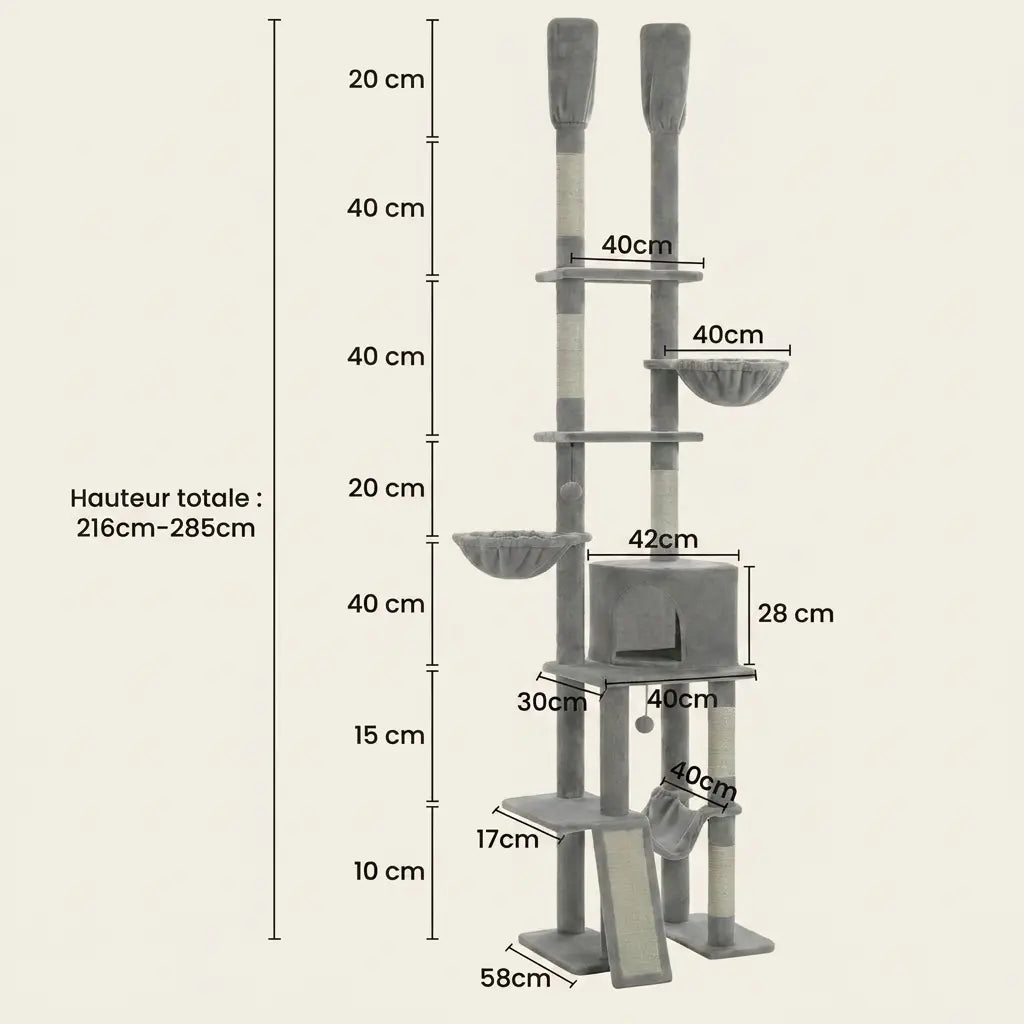Dimensions complètes de l’arbre à chat du sol au plafond gris avec niche, hamac, plateformes et couchages suspendus