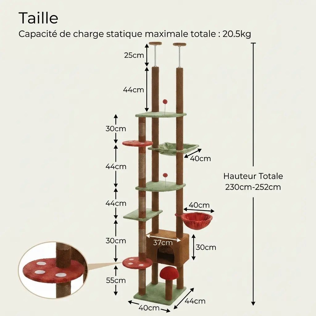 Dimensions de l’arbre à chat du sol au plafond marron et vert avec niche, hamac, couchage suspendu et plateformes réglables