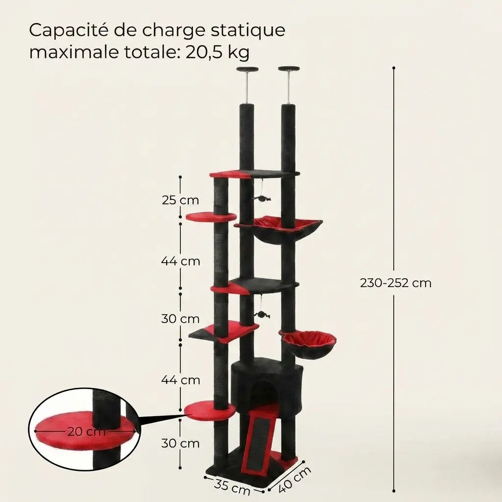 Dimensions de l’arbre à chat du sol au plafond noir et rouge avec niche, paniers suspendus et plateformes d’escalade