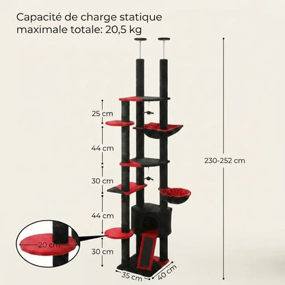 Dimensions de l’arbre à chat du sol au plafond noir et rouge avec niche, paniers suspendus et plateformes d’escalade