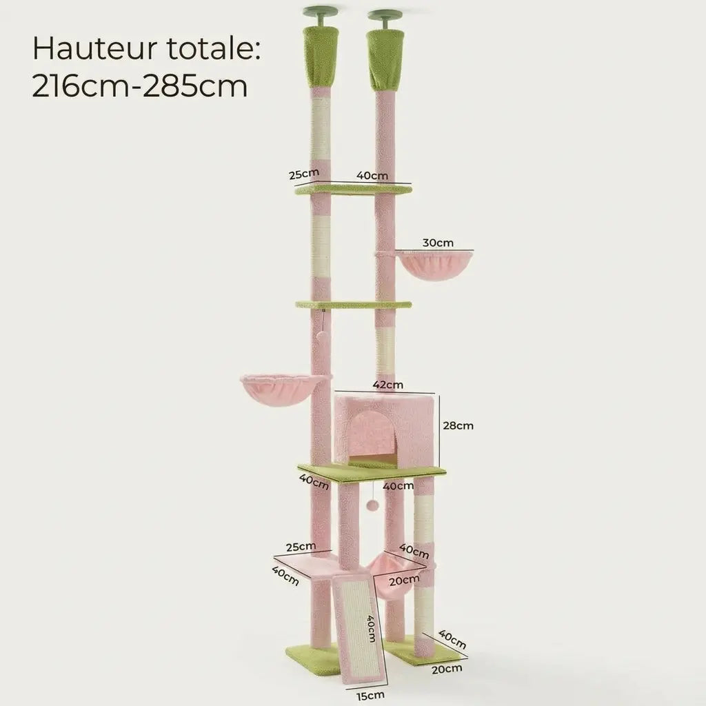Dimensions de l’arbre à chat du sol au plafond rose et vert avec niche, rampe griffoir, paniers suspendus et plateformes