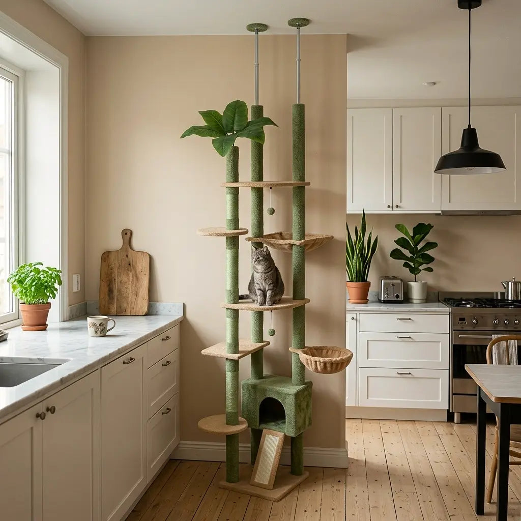 arbre à chat sol au plafond vert avec plateformes et hamacs dans une cuisine moderne