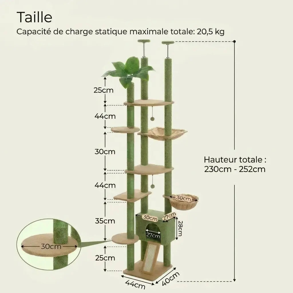 Dimensions détaillées de l’arbre à chat du sol au plafond vert réglable avec niche, plateformes, hamac et couchage suspendu