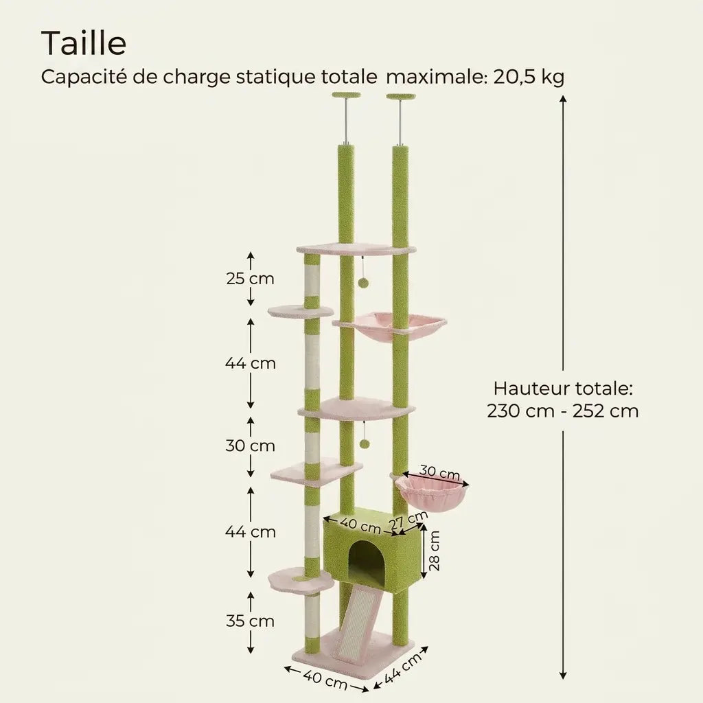 Dimensions de l’arbre à chat du sol au plafond vert pastel avec niche, couchage suspendu, paniers et plateformes d’escalade