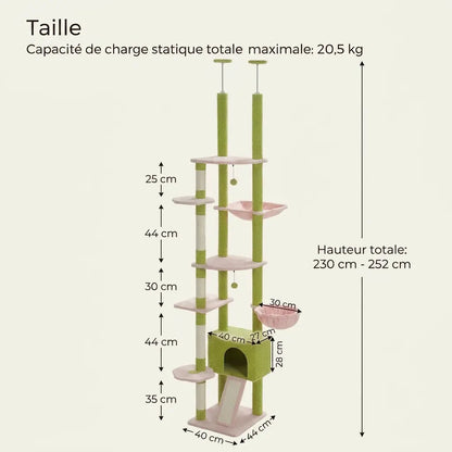 Dimensions de l’arbre à chat du sol au plafond vert pastel avec niche, couchage suspendu, paniers et plateformes d’escalade