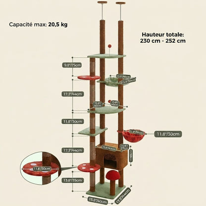 Dimensions arbre à chat sol plafond ajustable vert et rouge avec hauteur réglable de 230 à 252 cm, niche, hamac et plateformes
