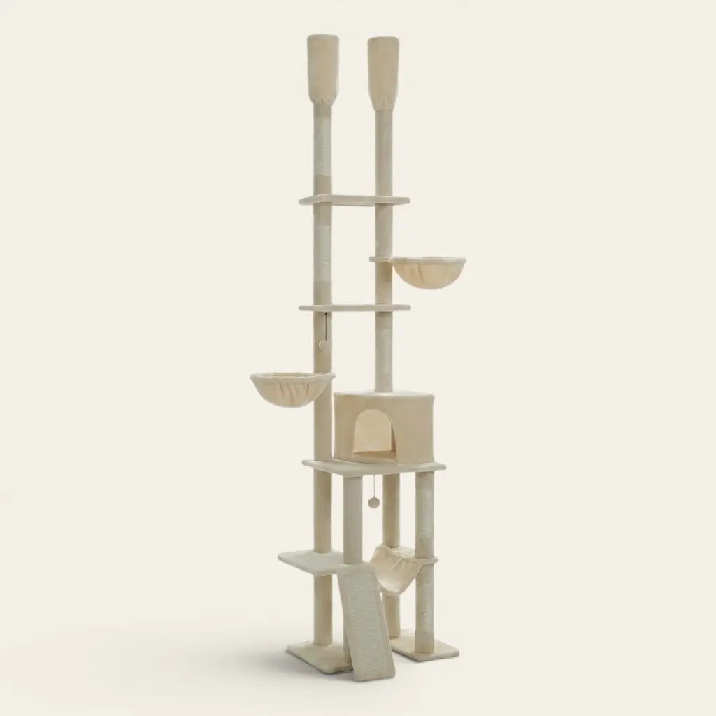 Arbre à chat du sol au plafond beige crème avec niche, hamac, plateformes d’escalade et paniers suspendus