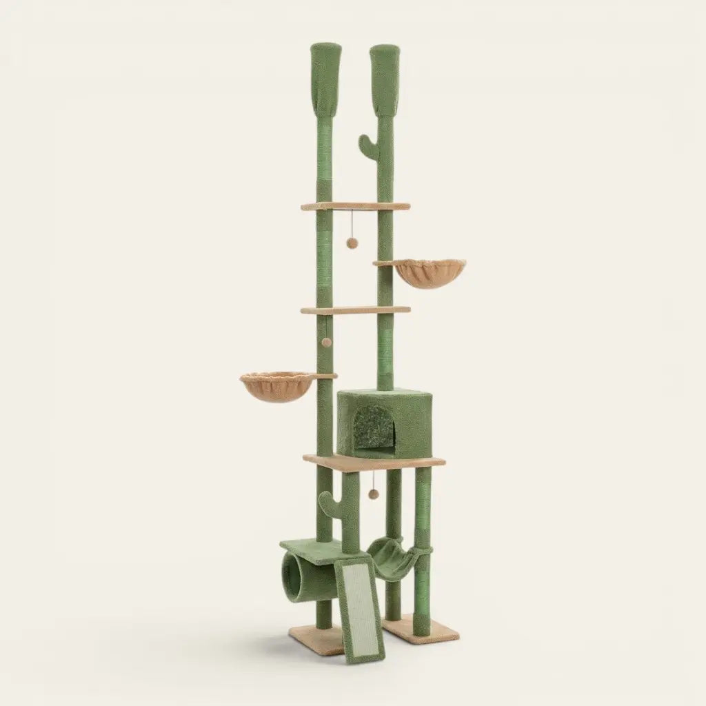 Arbre à chat du sol au plafond style cactus vert avec niche, tunnel, hamac, plateformes d’escalade et paniers suspendus