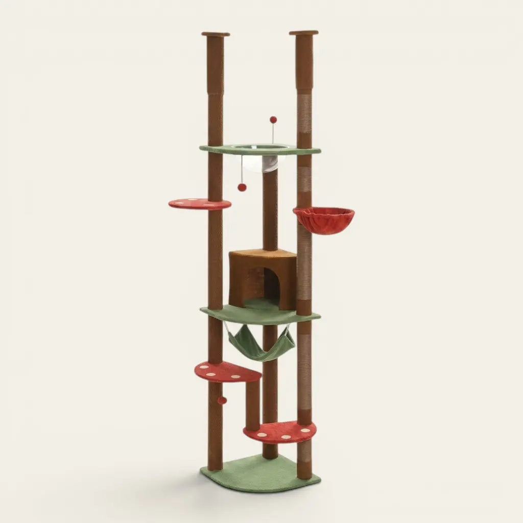 Arbre à chat du sol au plafond thème forêt avec plateformes champignon, niche, hamac et couchage suspendu