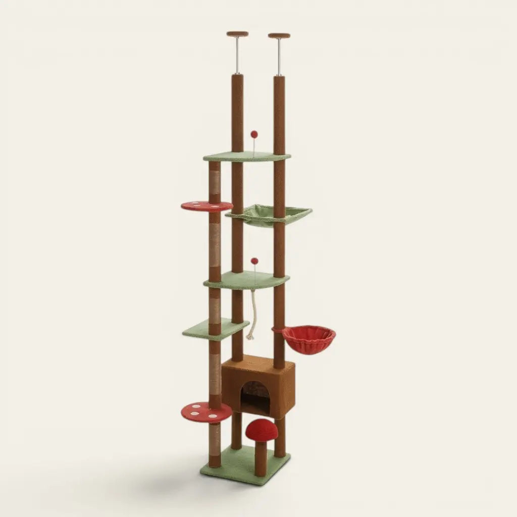 Arbre à chat du sol au plafond inspiré de la forêt avec plateformes champignon, niche, hamac et panier suspendu