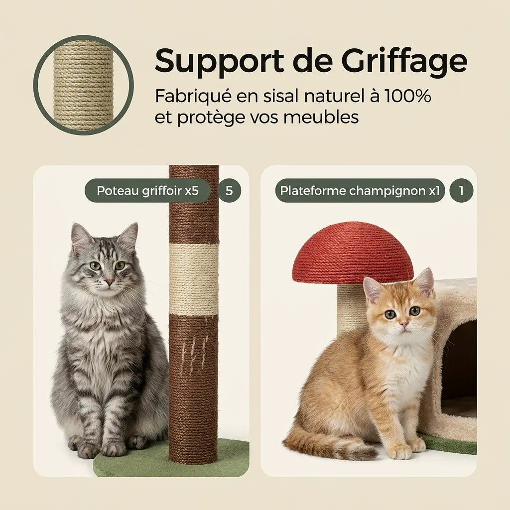 arbre à chat sol-plafond avec poteaux griffoirs en sisal naturel et plateforme champignon