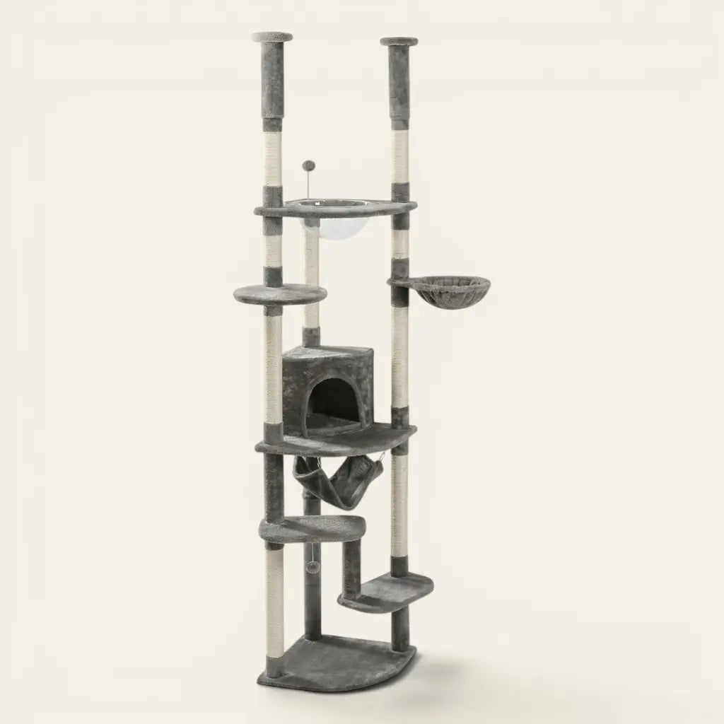 Arbre à chat du sol au plafond gris avec niche, hamac, plateformes et couchage suspendu pour chat