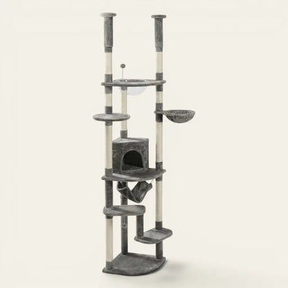 Arbre à chat du sol au plafond gris avec niche, hamac, plateformes et couchage suspendu pour chat