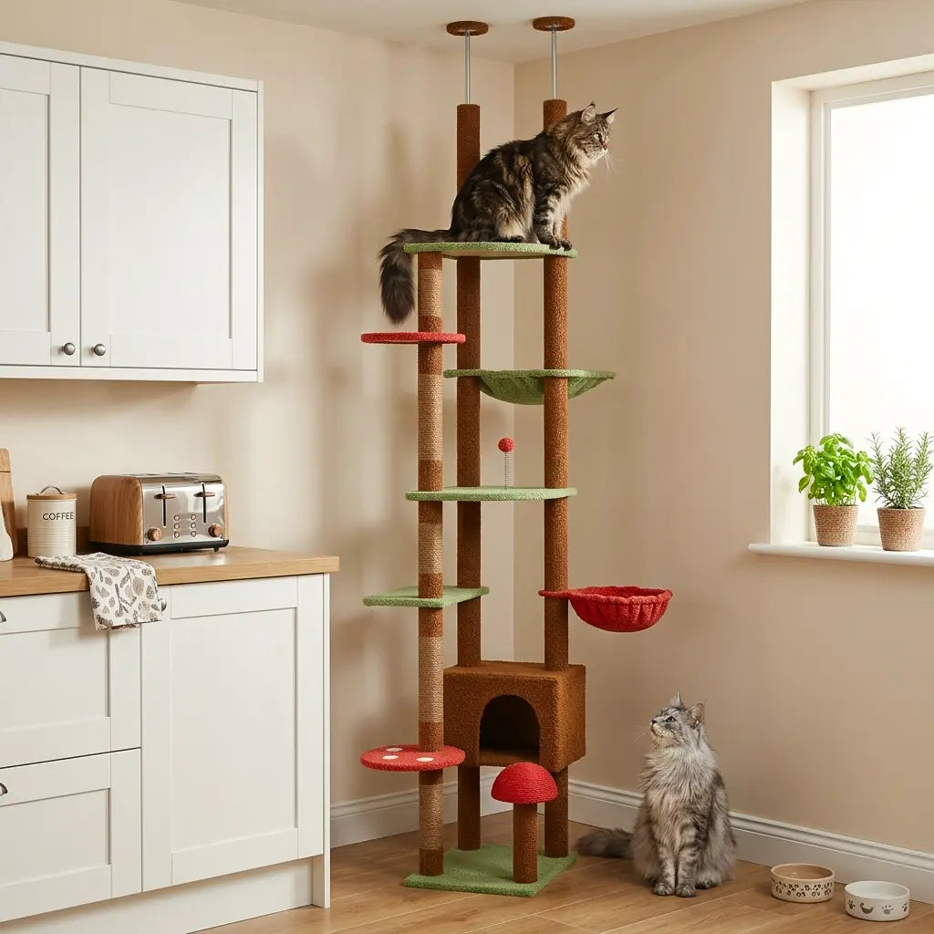 arbre à chat sol-plafond avec grand chat sur plateforme haute et hamac suspendu