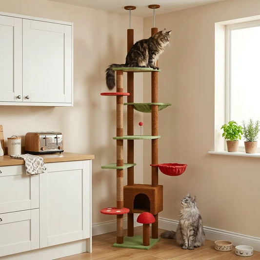 arbre à chat sol-plafond avec grand chat sur plateforme haute et hamac suspendu