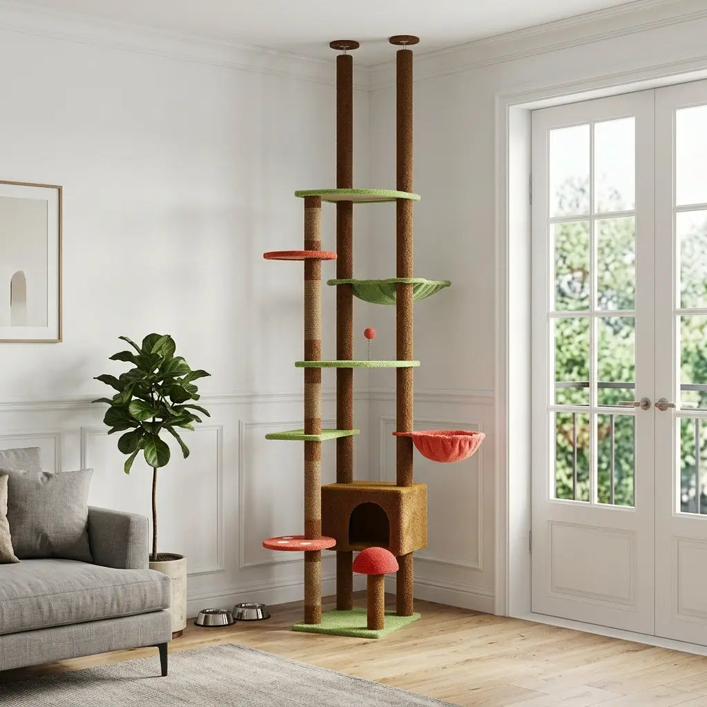 arbre à chat sol-plafond installé dans un salon avec plateformes niche hamac et couchage suspendu
