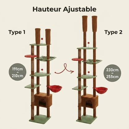 Arbre à chat sol plafond ajustable vert et rouge avec deux configurations de hauteur réglable de 191 à 255 cm