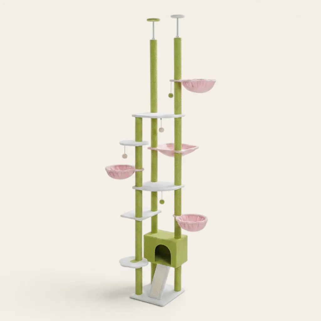Arbre à chat du sol au plafond vert avec plateformes d’escalade, niche et paniers suspendus pour chat