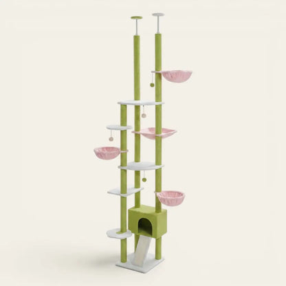 Arbre à chat du sol au plafond vert avec plateformes d’escalade, niche et paniers suspendus pour chat
