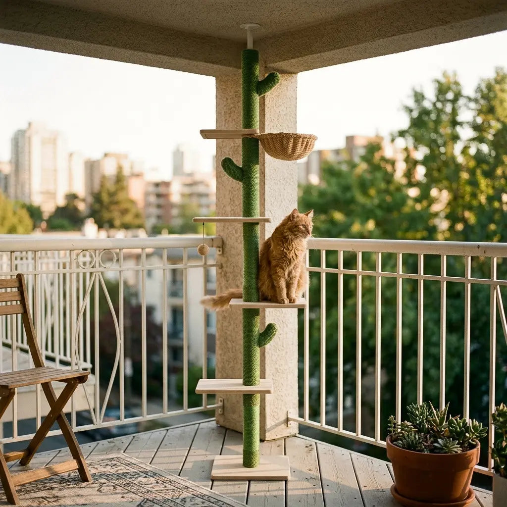 Arbre à chat soldé en forme de cactus avec plusieurs niveaux d’observation pour chat sur balcon