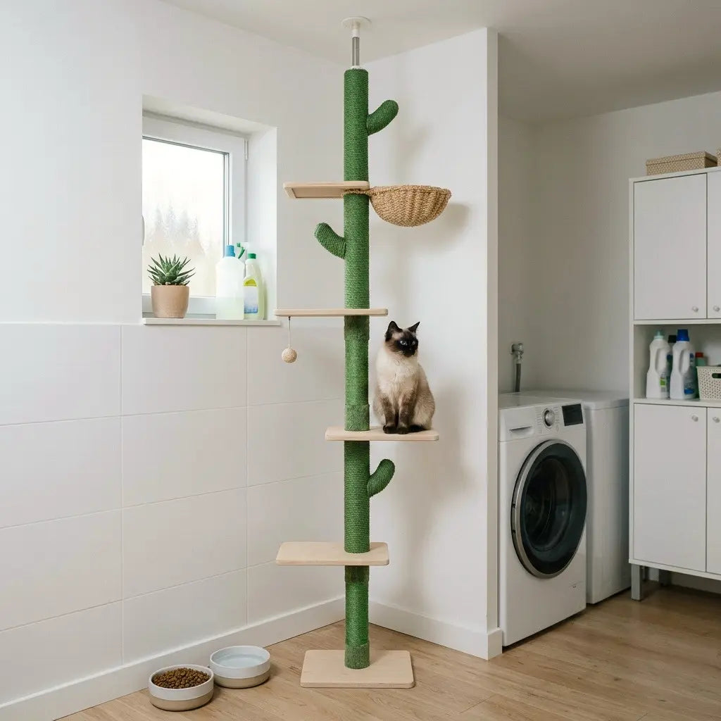 Arbre à chat soldé design cactus avec plusieurs plateformes, hamac suspendu et fixation plafond sécurisée
