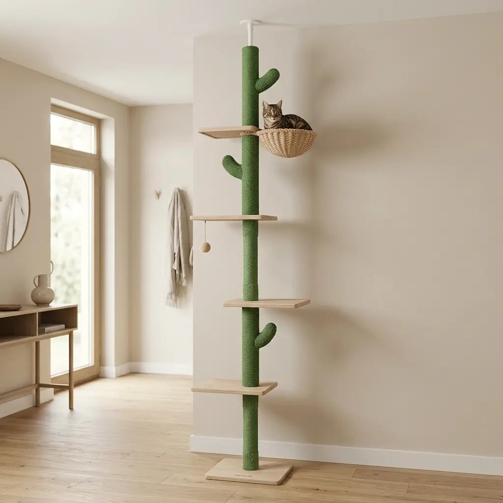 Arbre à chat soldé design cactus installé dans un salon moderne avec plateformes d’escalade et hamac suspendu