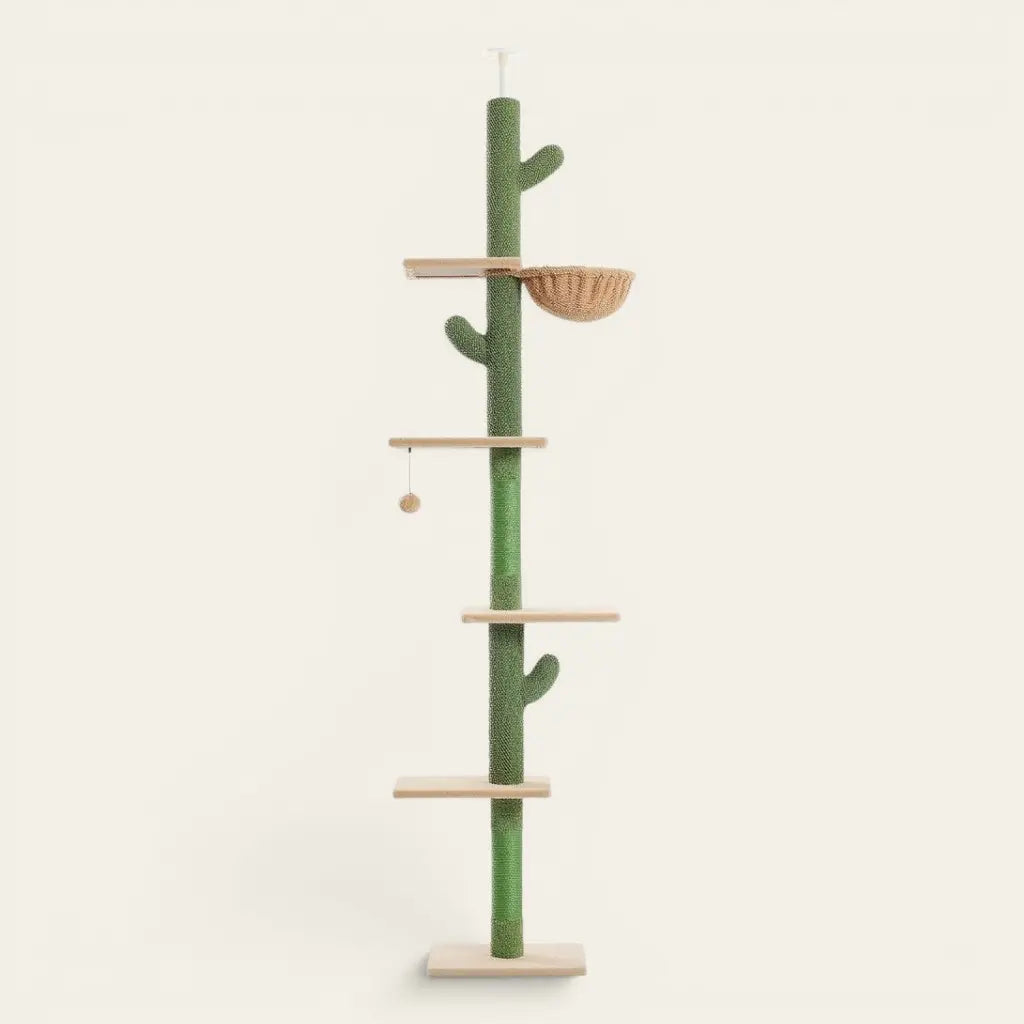 Arbre à chat soldé vertical style cactus avec plateformes de repos, jouet suspendu et hamac confortable