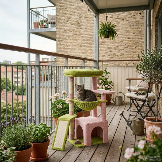 Arbre à chat soldes avec hamac suspendu, niche confortable, plateforme d'observation et griffoir intégré sur un balcon