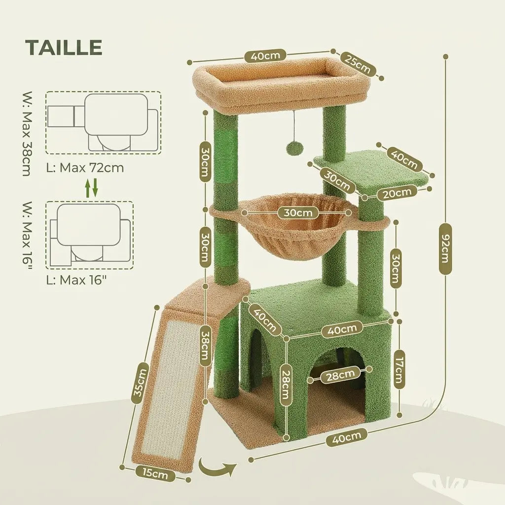 Dimensions détaillées d'un arbre à chat soldes avec niche, hamac, plateforme supérieure et griffoir incliné