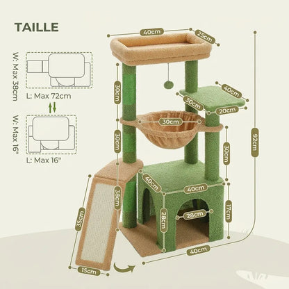 Dimensions détaillées d'un arbre à chat soldes avec niche, hamac, plateforme supérieure et griffoir incliné