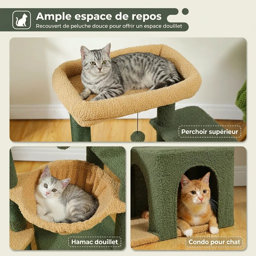 Arbre à chat soldes avec perchoir supérieur, hamac moelleux et niche de repos offrant plusieurs espaces confortables