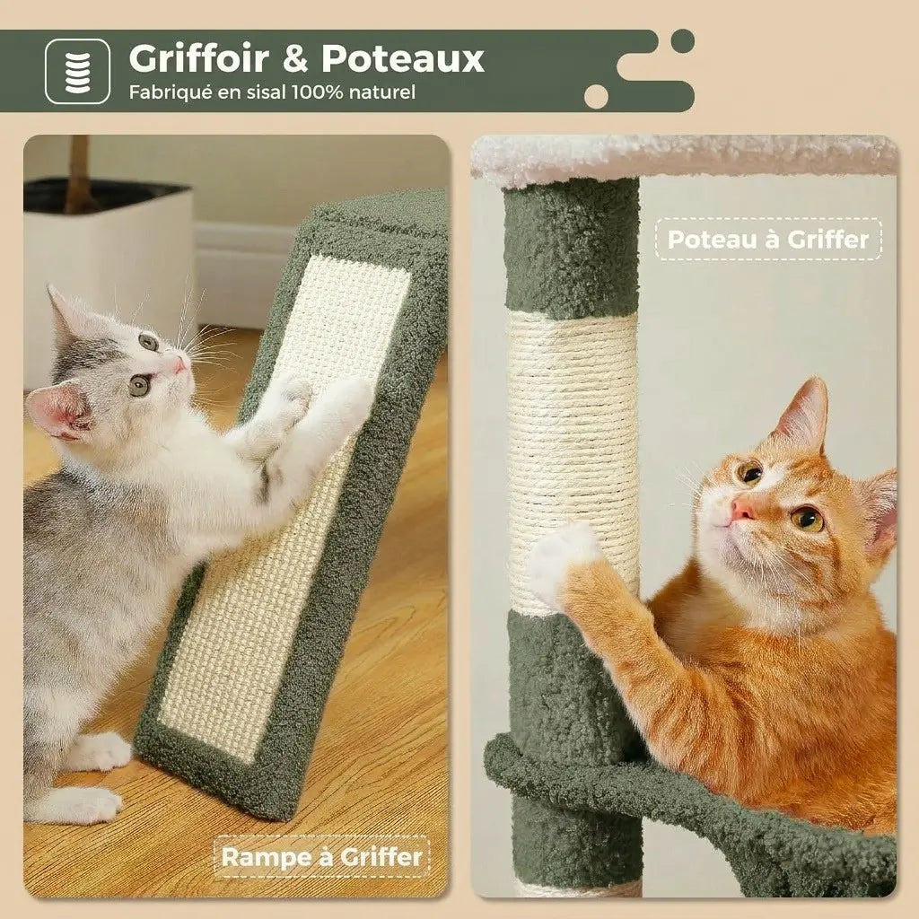 Arbre à chat soldes avec poteaux en sisal naturel et rampe griffoir pour satisfaire l'instinct de griffade du chat