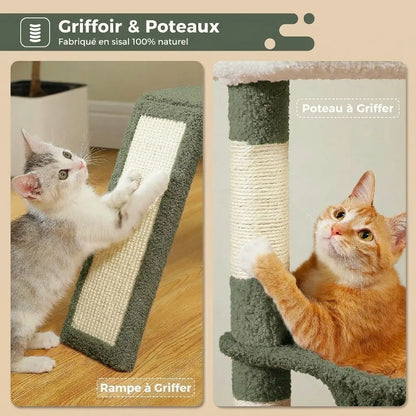 Arbre à chat soldes avec poteaux en sisal naturel et rampe griffoir pour satisfaire l'instinct de griffade du chat