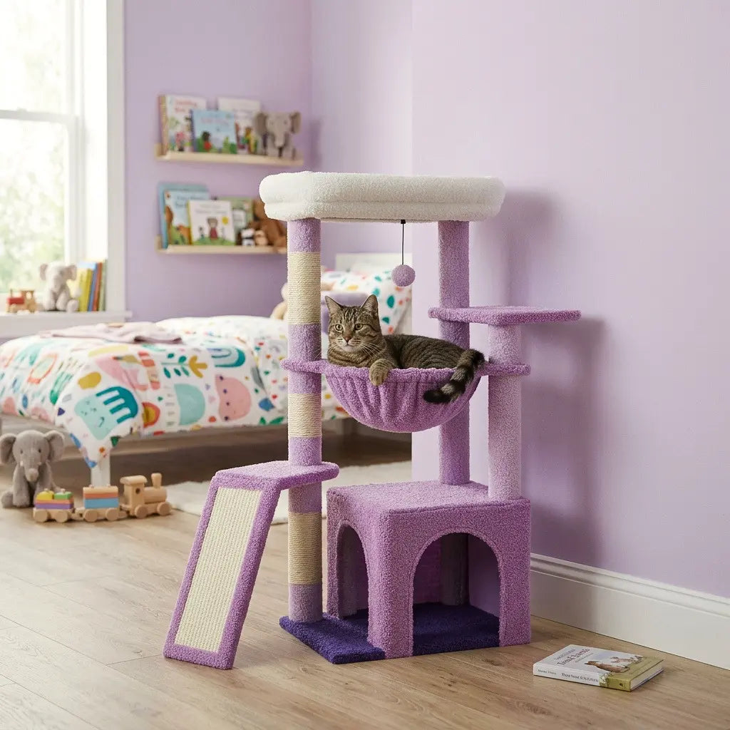 Arbre à chat soldes avec hamac suspendu, niche de repos et plateforme d’observation dans une chambre moderne