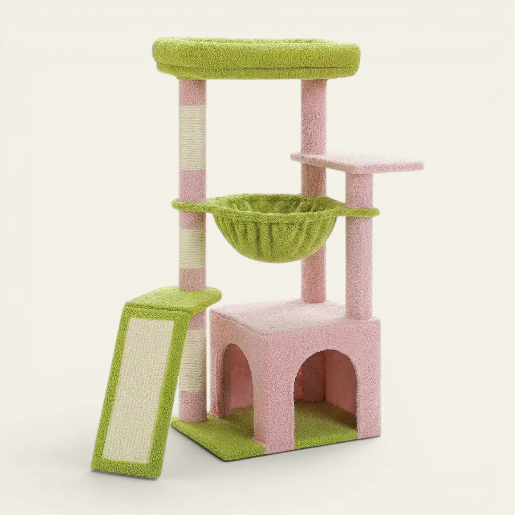 Arbre à chat soldes rose et vert avec rampe griffoir, hamac douillet et espace de repos pour chat d’intérieur