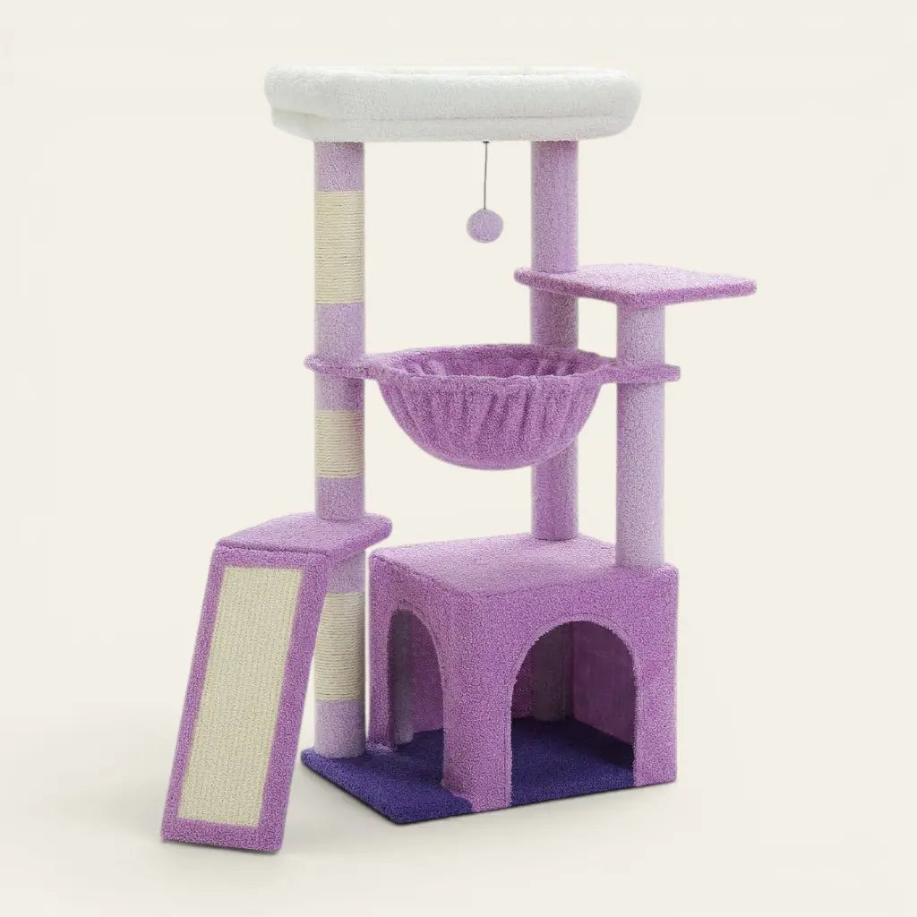 Arbre à chat soldes violet avec niche confortable, hamac moelleux, griffoir en sisal et plateforme surélevée