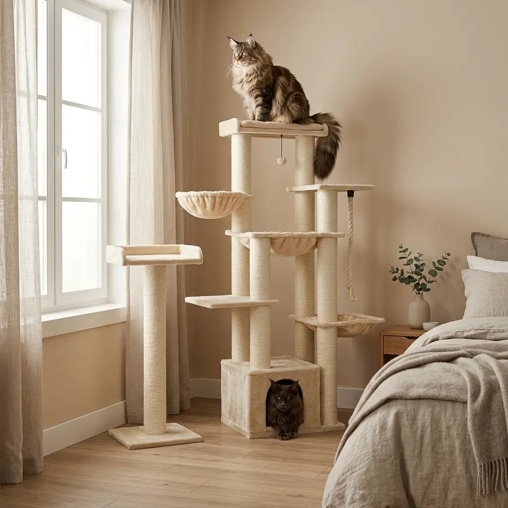arbre à chat spécial maine coon beige avec plateformes larges et structure robuste pour grand chat