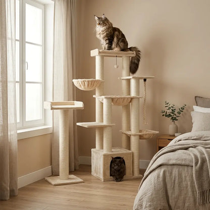 arbre à chat spécial maine coon beige avec plateformes larges et structure robuste pour grand chat