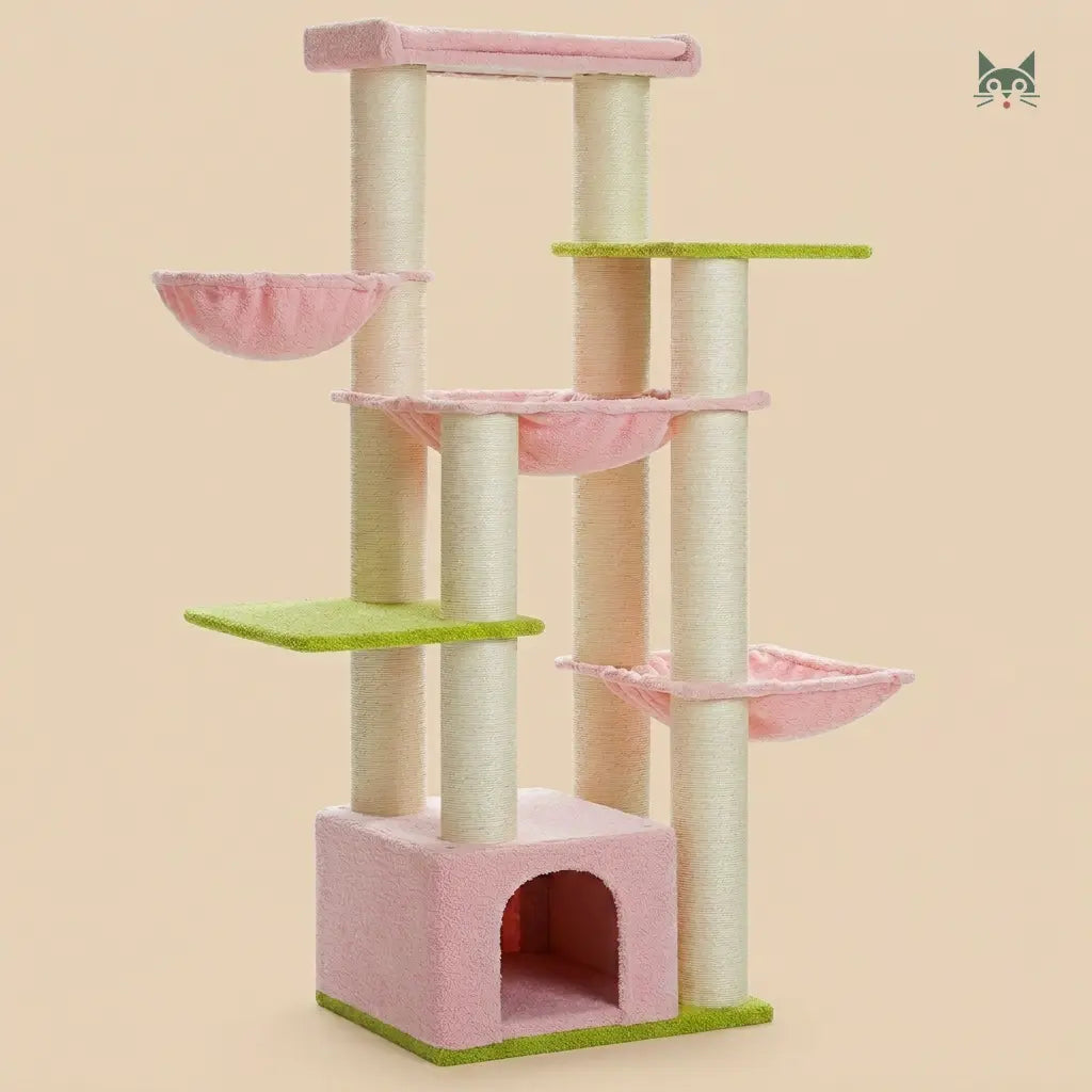 arbre à chat spécial maine coon rose et vert avec hamacs et plateformes solides pour grands chats