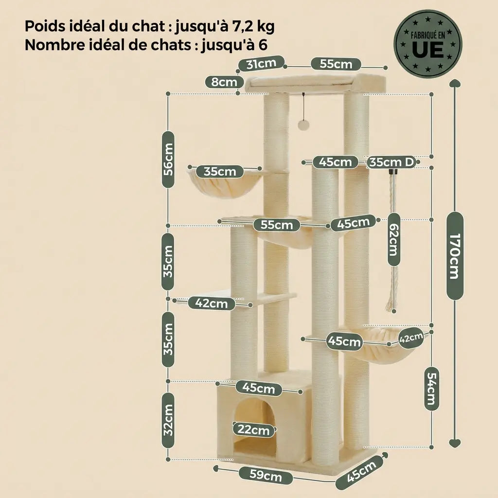 arbre à chat spécial maine coon avec dimensions détaillées, structure robuste adaptée à plusieurs grands chats  