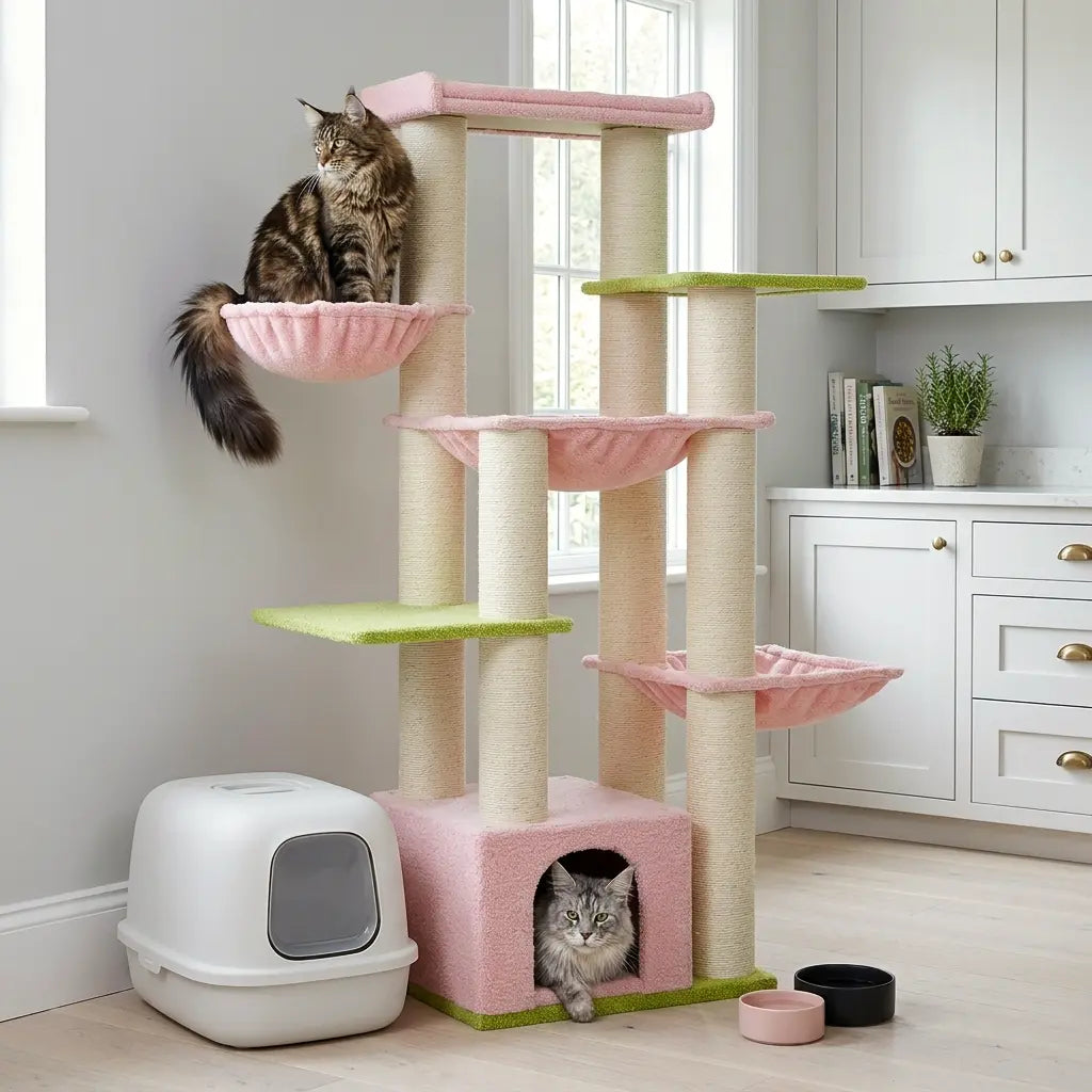 arbre à chat spécial maine coon dans une cuisine avec niches et hamacs adaptés aux grands chats